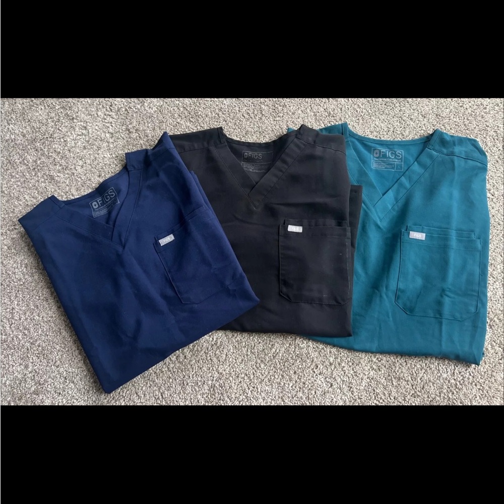 FIGS Scrub Tops in Navy, Black, and Teal